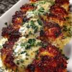 Easy crispy garlic parmesan chicken recipe served on a platter with creamy garlic sauce and fresh parsley.