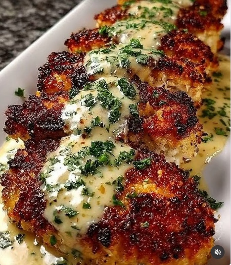 Easy crispy garlic parmesan chicken recipe served on a platter with creamy garlic sauce and fresh parsley.