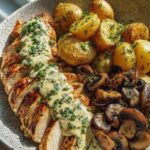 Creamy Garlic Herb Chicken Breast with roasted potatoes and mushrooms