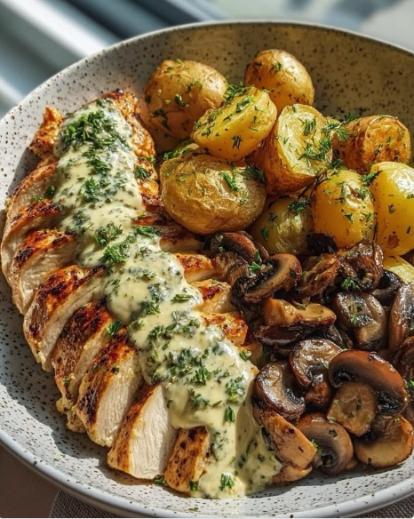 Creamy Garlic Herb Chicken Breast with roasted potatoes and mushrooms