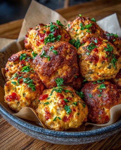 Golden brown air fryer sausage cheese balls garnished with fresh parsley in a serving bowl