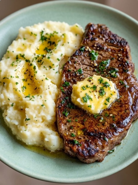 Garlic butter steak and mashed potatoes recipe served on a green plate.