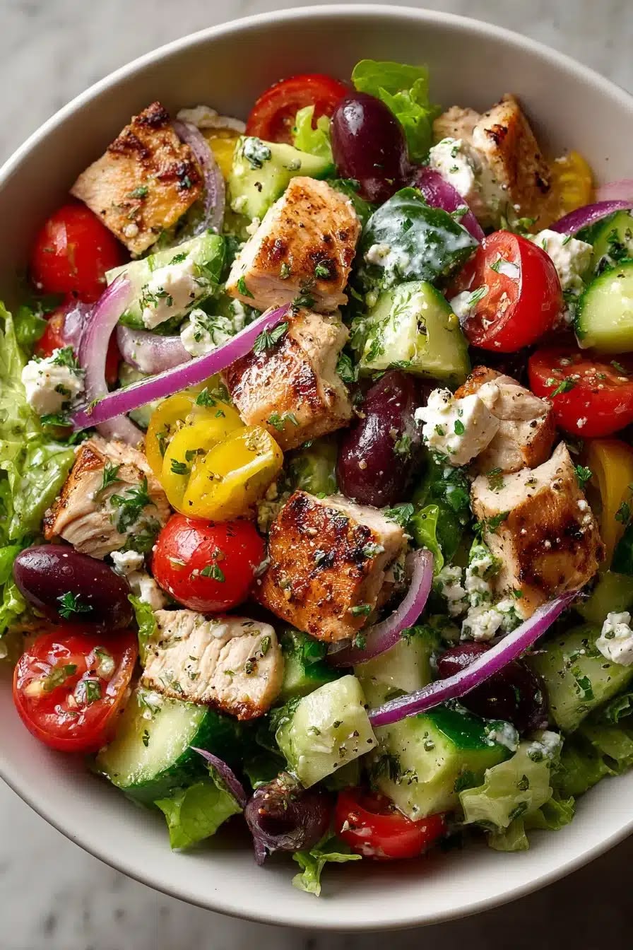 Easy Greek Chicken Salad with grilled chicken, cherry tomatoes, cucumbers, red onion, Kalamata olives, and crumbled feta cheese