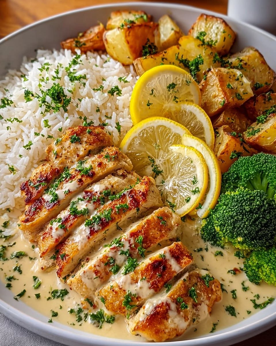 Creamy Lemon Herb Chicken platter served with rice and broccoli