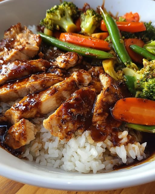 Easy Teriyaki Chicken Bowl with broccoli, carrots, and white rice.