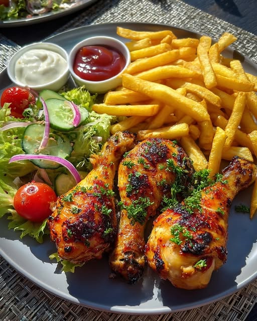 A plate of easy roasted chicken drumsticks served with golden fries and a side salad