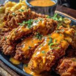 Crispy Cajun Chicken Tenders with Remoulade sauce on a sizzling platter