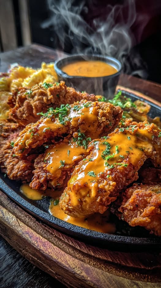 Crispy Cajun Chicken Tenders with Remoulade sauce on a sizzling platter