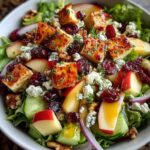 A vibrant apple cranberry walnut salad with caramelized chicken cubes, blue cheese, and cucumber slices in a white bowl