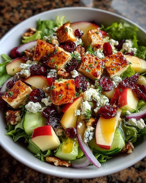 A vibrant apple cranberry walnut salad with caramelized chicken cubes, blue cheese, and cucumber slices in a white bowl