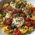 A white bowl filled with cheese tortellini pasta, blistered cherry tomatoes, creamy burrata cheese, and fresh basil