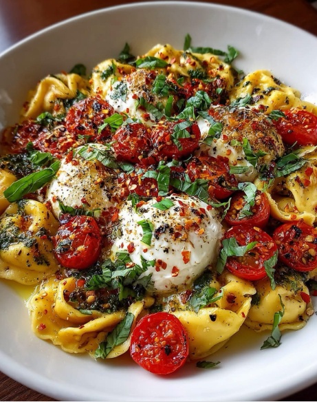 A white bowl filled with cheese tortellini pasta, blistered cherry tomatoes, creamy burrata cheese, and fresh basil