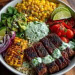 Healthy Steak Burrito Bowl Recipe with grilled corn and avocado