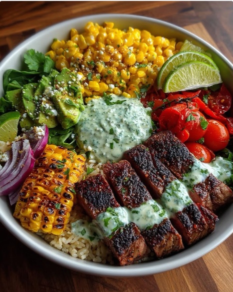 Healthy Steak Burrito Bowl Recipe with grilled corn and avocado