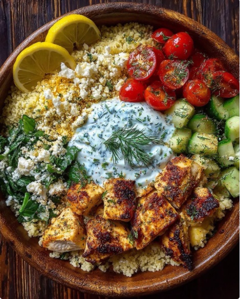 Easy Mediterranean chicken couscous bowl recipe served in a wooden bowl topped with tzatziki, feta, tomatoes, and cucumbers.