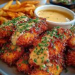 Golden brown crispy chicken tenders drizzled with sauce and garnished with chives next to a bowl of creamy dipping sauce