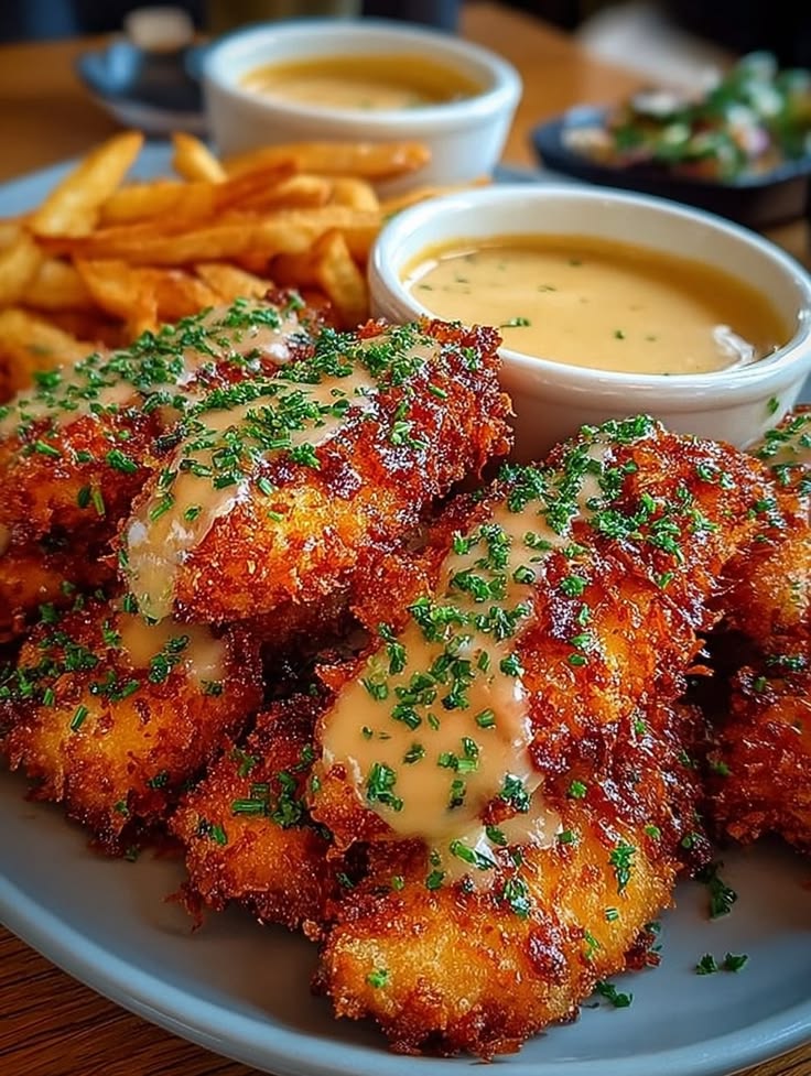 Golden brown crispy chicken tenders drizzled with sauce and garnished with chives next to a bowl of creamy dipping sauce