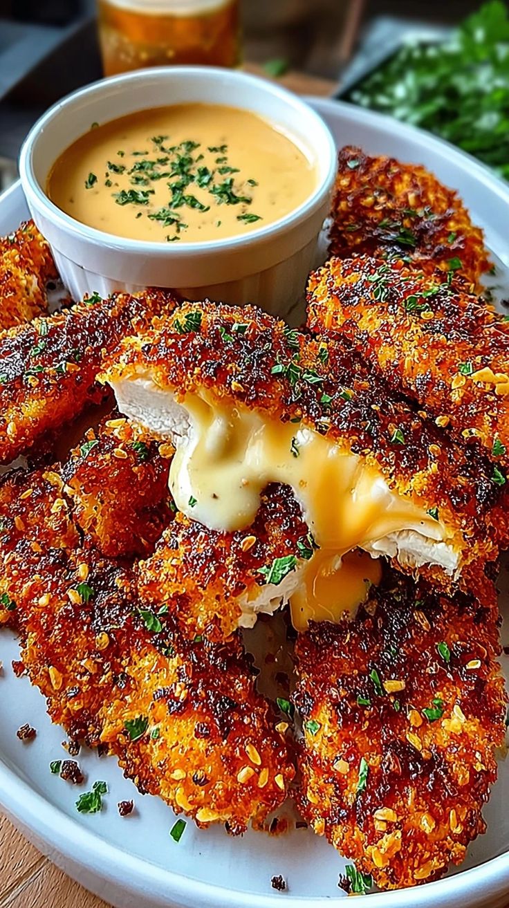 Crispy garlic parmesan chicken tenders recipe served with a side of creamy honey mustard dip.