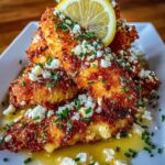 Crispy Hot Honey Lemon Feta Chicken Tenders topped with crumbled feta and fresh chives.