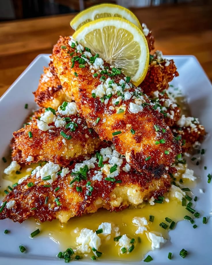 Crispy Hot Honey Lemon Feta Chicken Tenders topped with crumbled feta and fresh chives.