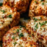 Easy garlic parmesan chicken meatloaves recipe served fresh out of the oven topped with melted cheese and fresh parsley.