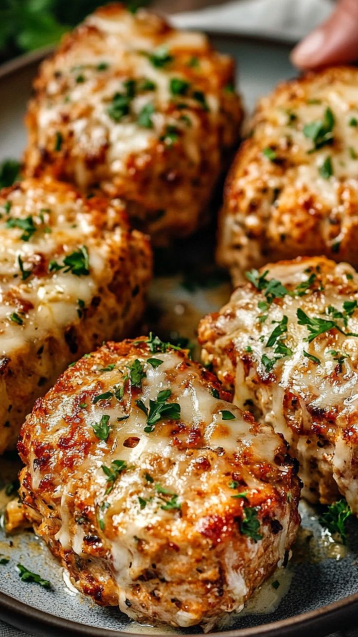 Easy garlic parmesan chicken meatloaves recipe served fresh out of the oven topped with melted cheese and fresh parsley.
