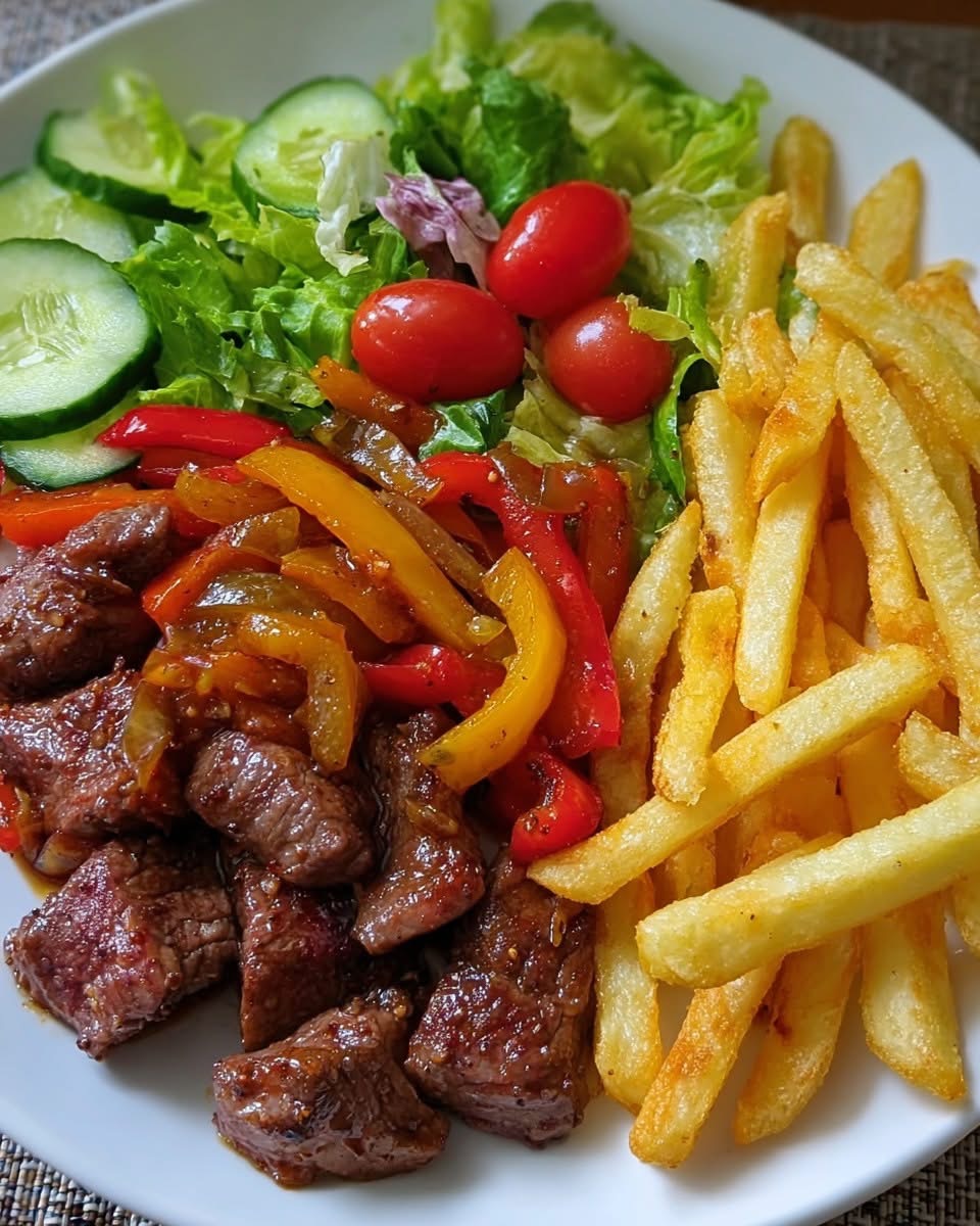 Garlic butter steak bites served with french fries and a fresh side salad on a plate