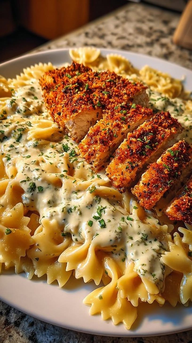 Plated creamy garlic parmesan farfalle pasta topped with sliced crispy herb chicken and fresh parsley garnish.