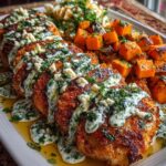 Platter of crispy chicken cutlets with creamy herb sauce and roasted butternut squash.
