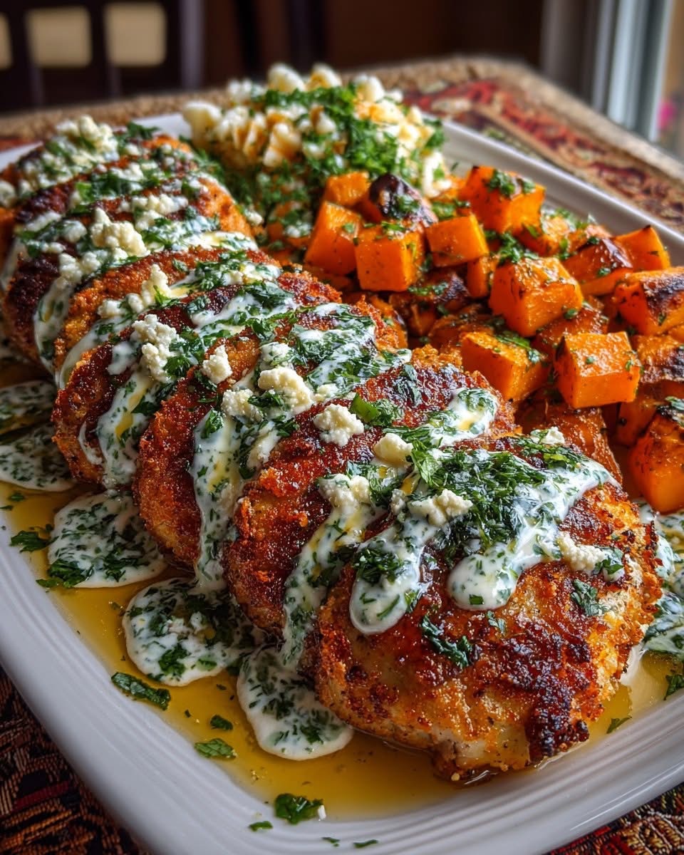 Platter of crispy chicken cutlets with creamy herb sauce and roasted butternut squash.