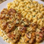 Garlic Butter Chicken Bites served with cream sauce pasta