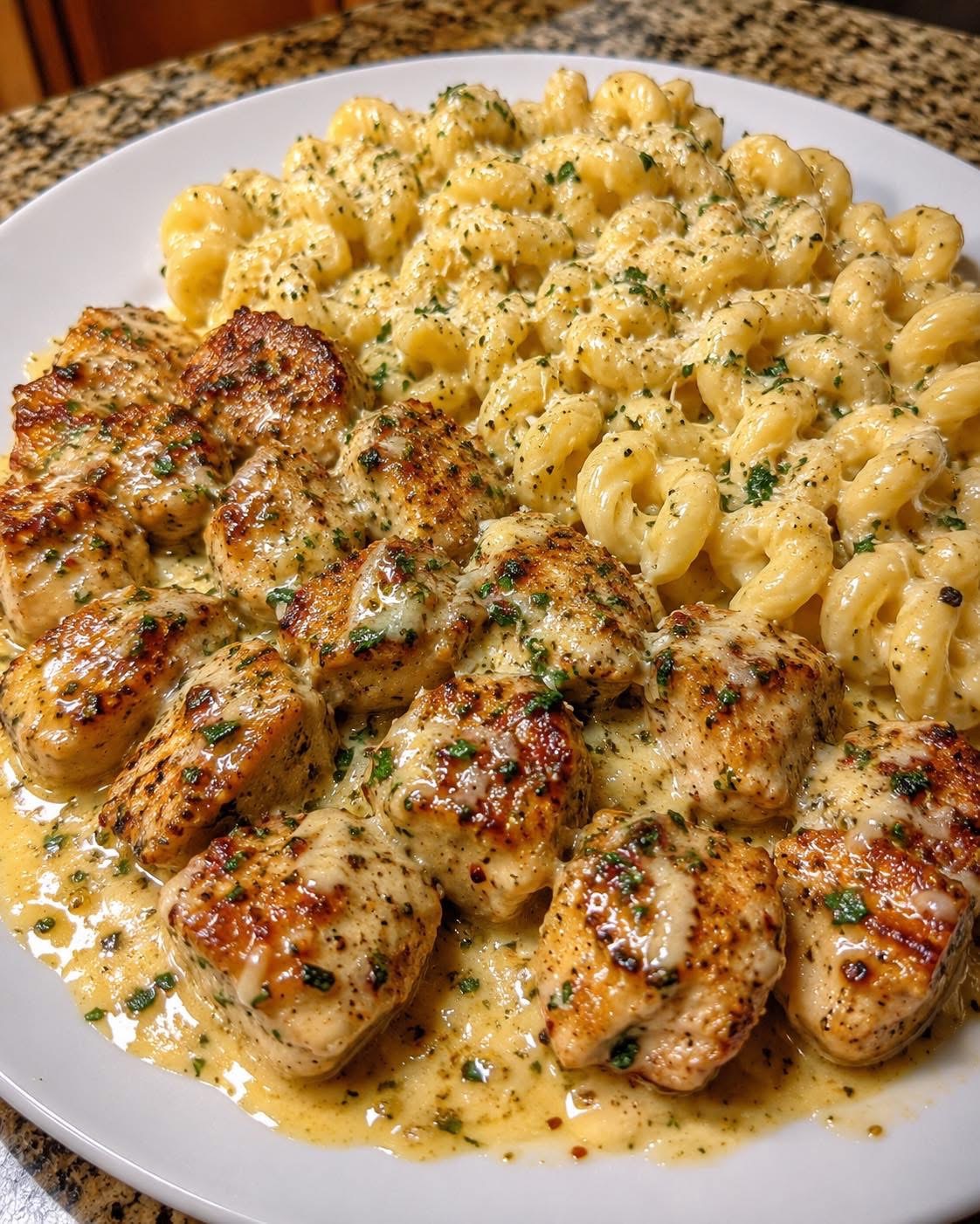 Garlic Butter Chicken Bites served with cream sauce pasta