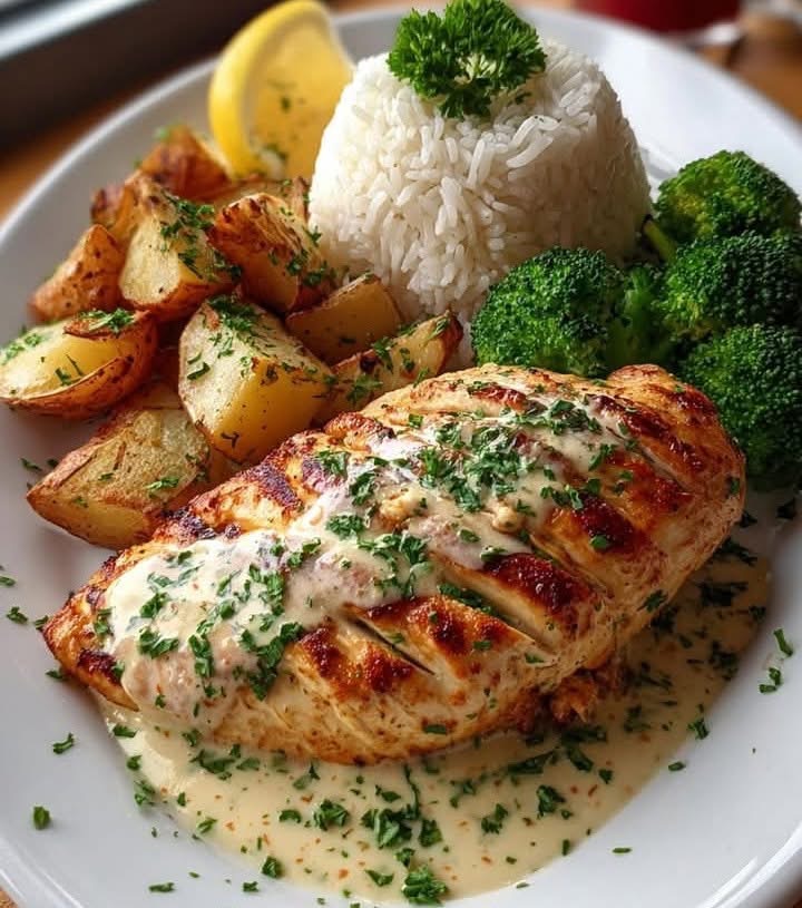 ): Grilled chicken breast with creamy garlic sauce, roasted potatoes, steamed broccoli and white rice on a white plate