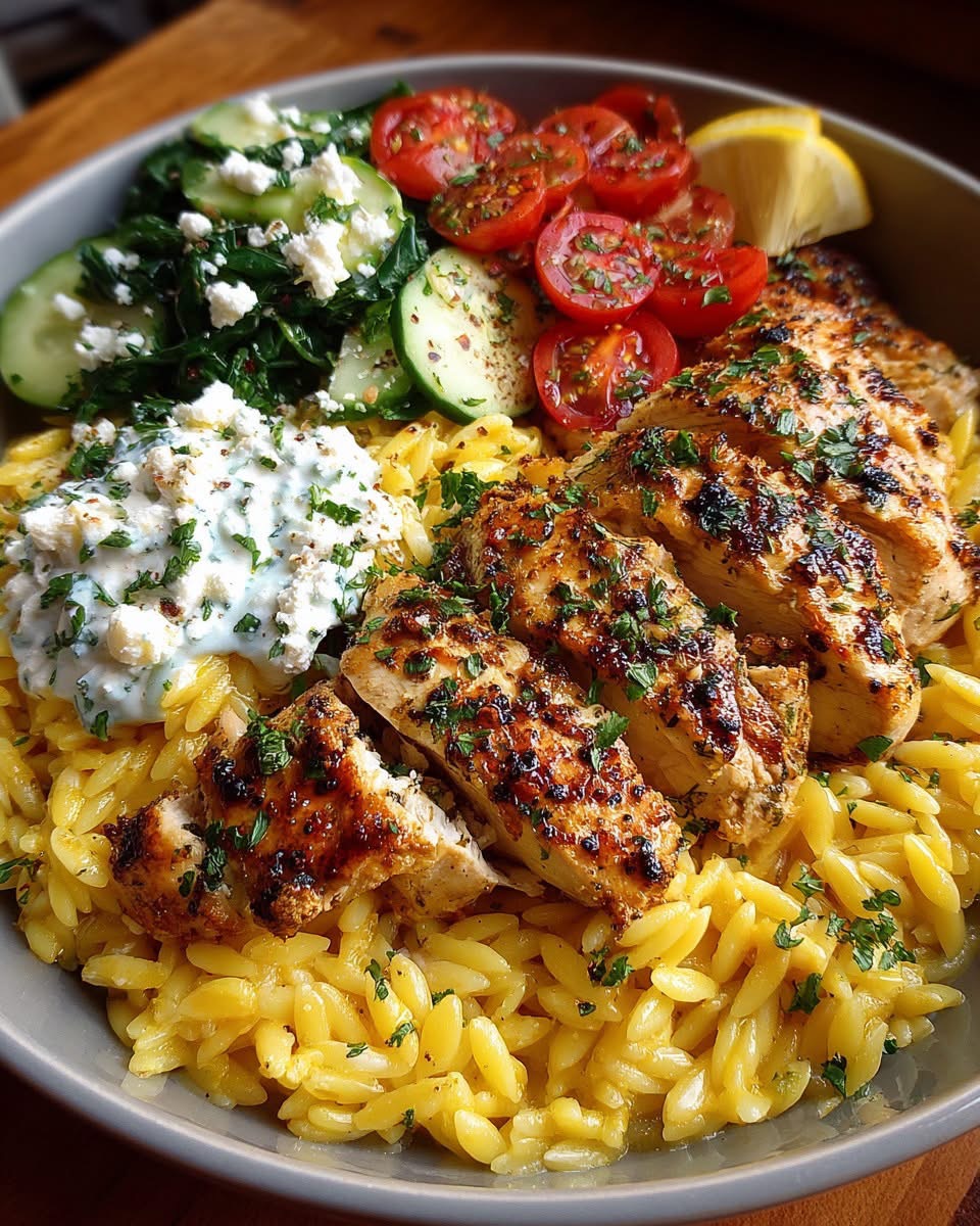 Homemade Greek chicken orzo bowl topped with sliced grilled chicken, fresh tzatziki, feta cheese, cucumbers, tomatoes, and spinach.