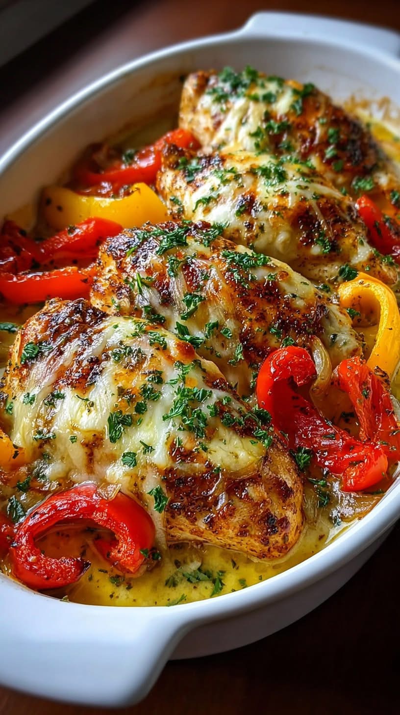 Juicy cheesy baked chicken and bell peppers garnished with fresh parsley in a white casserole dish.