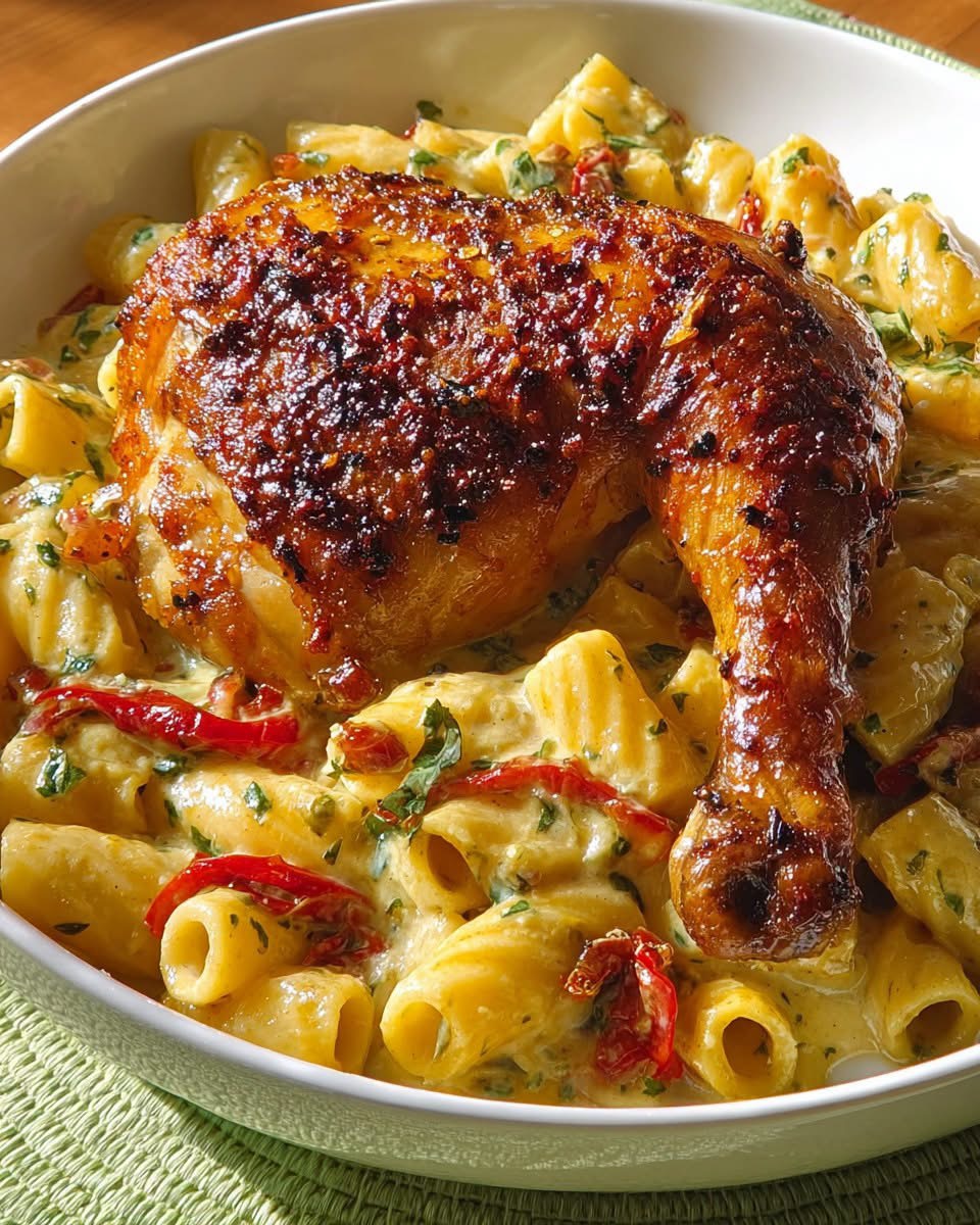Crispy roasted chicken leg quarter served over a bowl of creamy Tuscan chicken pasta with rigatoni, sun-dried tomatoes, and fresh herbs.