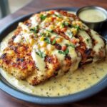 Juicy Mexican Chicken with Cheesy Sauce served on a dark plate