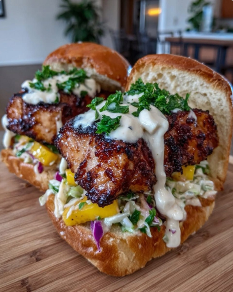 Two blackened fish sandwiches on brioche buns with mango slaw and creamy aioli on a wooden board.
