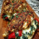 Juicy baked spinach stuffed chicken breast with melted cheese and roasted red peppers on a wooden cutting board
