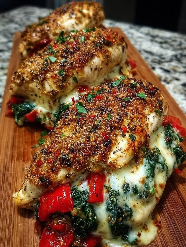 Juicy baked spinach stuffed chicken breast with melted cheese and roasted red peppers on a wooden cutting board