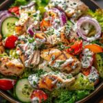 A vibrant Tzatziki Chicken Salad bowl topped with grilled chicken, sliced cucumbers, tomatoes, and creamy dressing