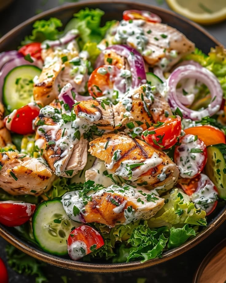 A vibrant Tzatziki Chicken Salad bowl topped with grilled chicken, sliced cucumbers, tomatoes, and creamy dressing
