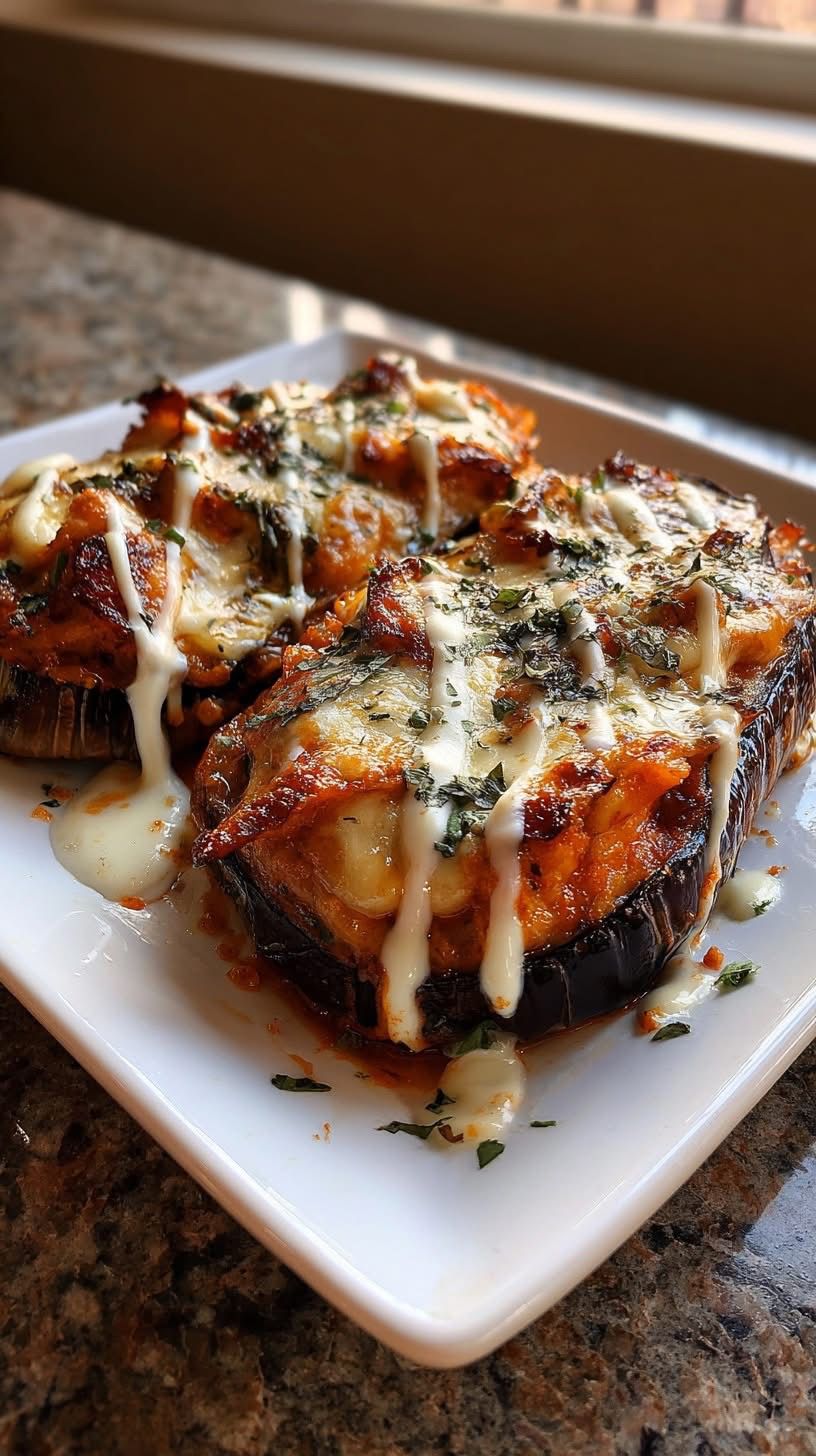 Two cheesy baked eggplant boats topped with marinara sauce, melted mozzarella, and a white garlic cream drizzle on a white plate.