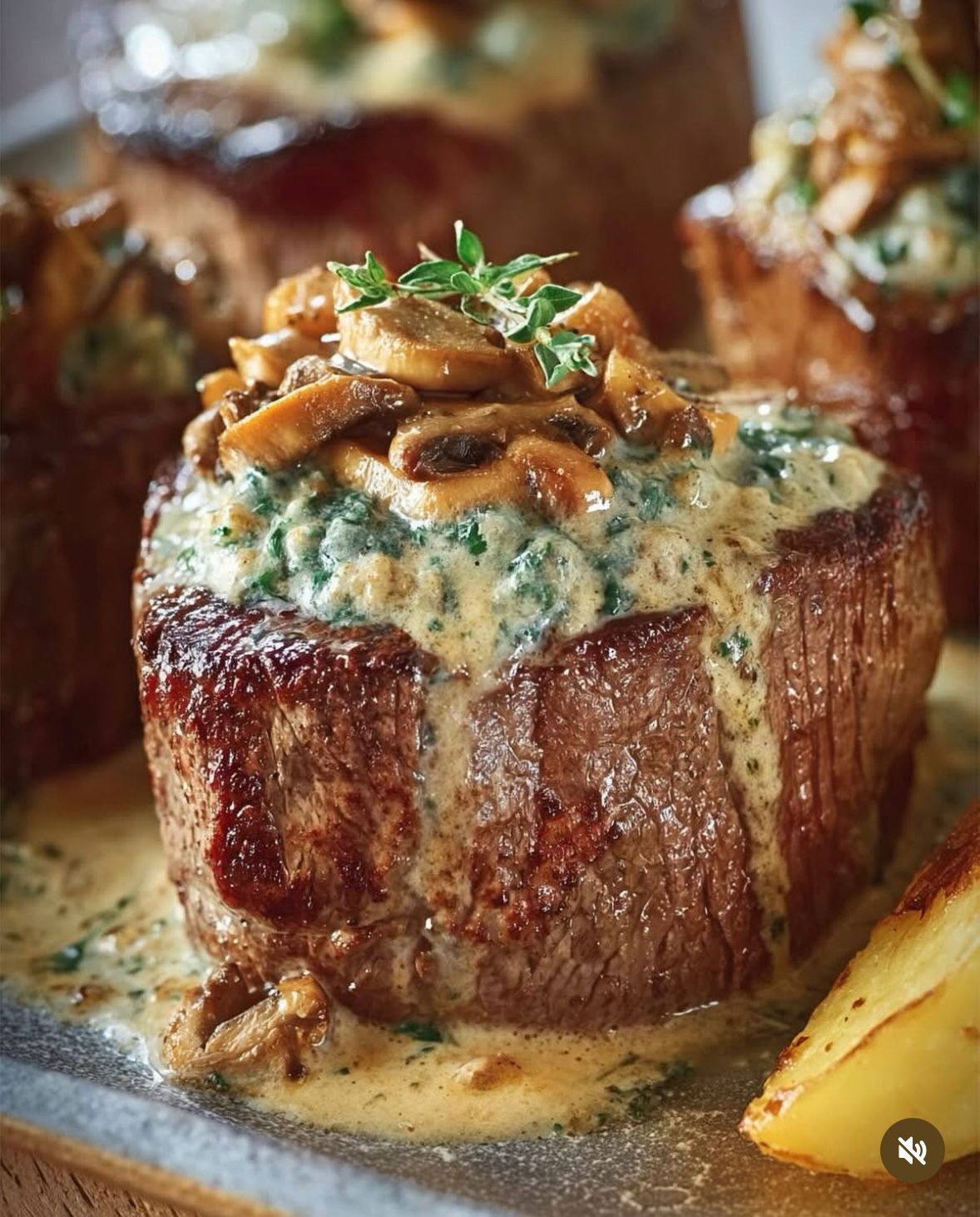 Creamy Mushroom Steak Filet topped with garlic spinach cream sauce