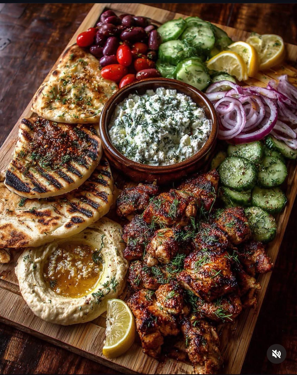 Greek Chicken Souvlaki Platter with tzatziki, hummus, and pita bread