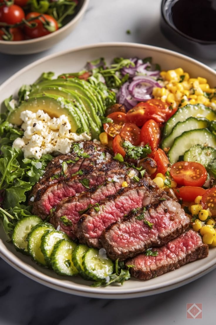 Healthy Steak Power Bowl with avocado, tomatoes, corn, and cucumber.