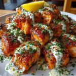 Crispy Glazed Salmon Bites drizzled with a creamy garlic herb sauce