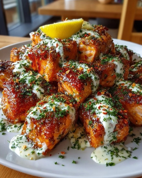 Crispy Glazed Salmon Bites drizzled with a creamy garlic herb sauce