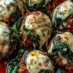Easy cheesy baked meatballs with spinach and marinara recipe sizzling in a serving bowl.