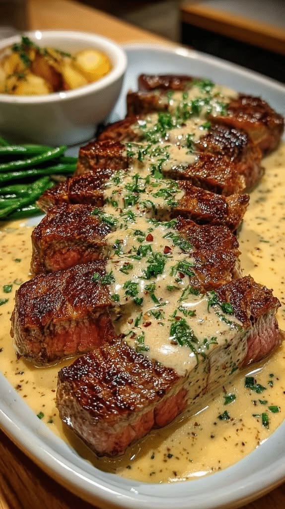 Slices of tender garlic butter steak bites smothered in a rich cream sauce and garnished with fresh parsley